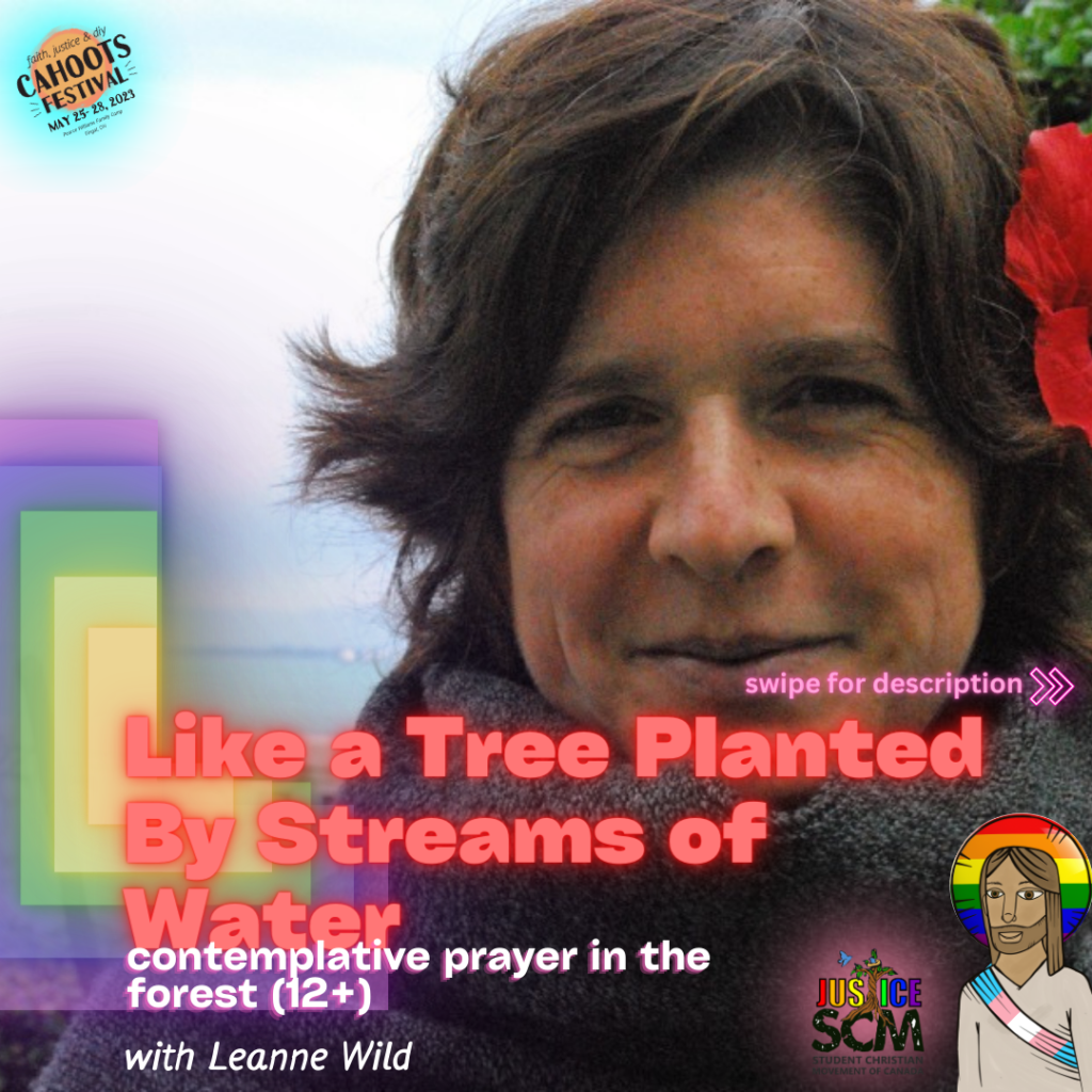 the title of the workshop - like a tree planted by streams of water - in a rainbow style design with a photo of a woman with a flower in her hair in the background