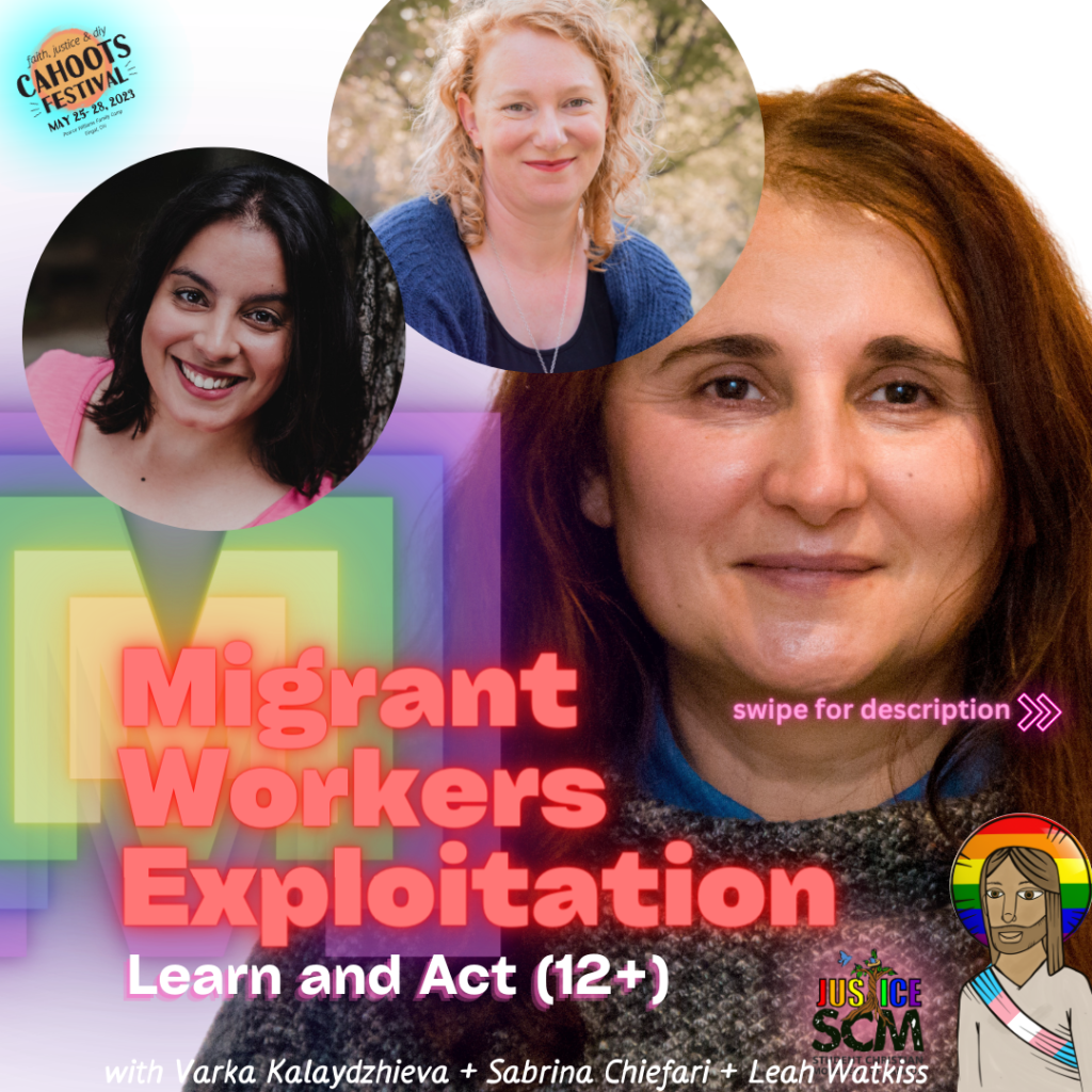 the title of the workshop - migrant workers exploitation learn and act - in a rainbow design with the photos of the facilitators (3 women) in the background