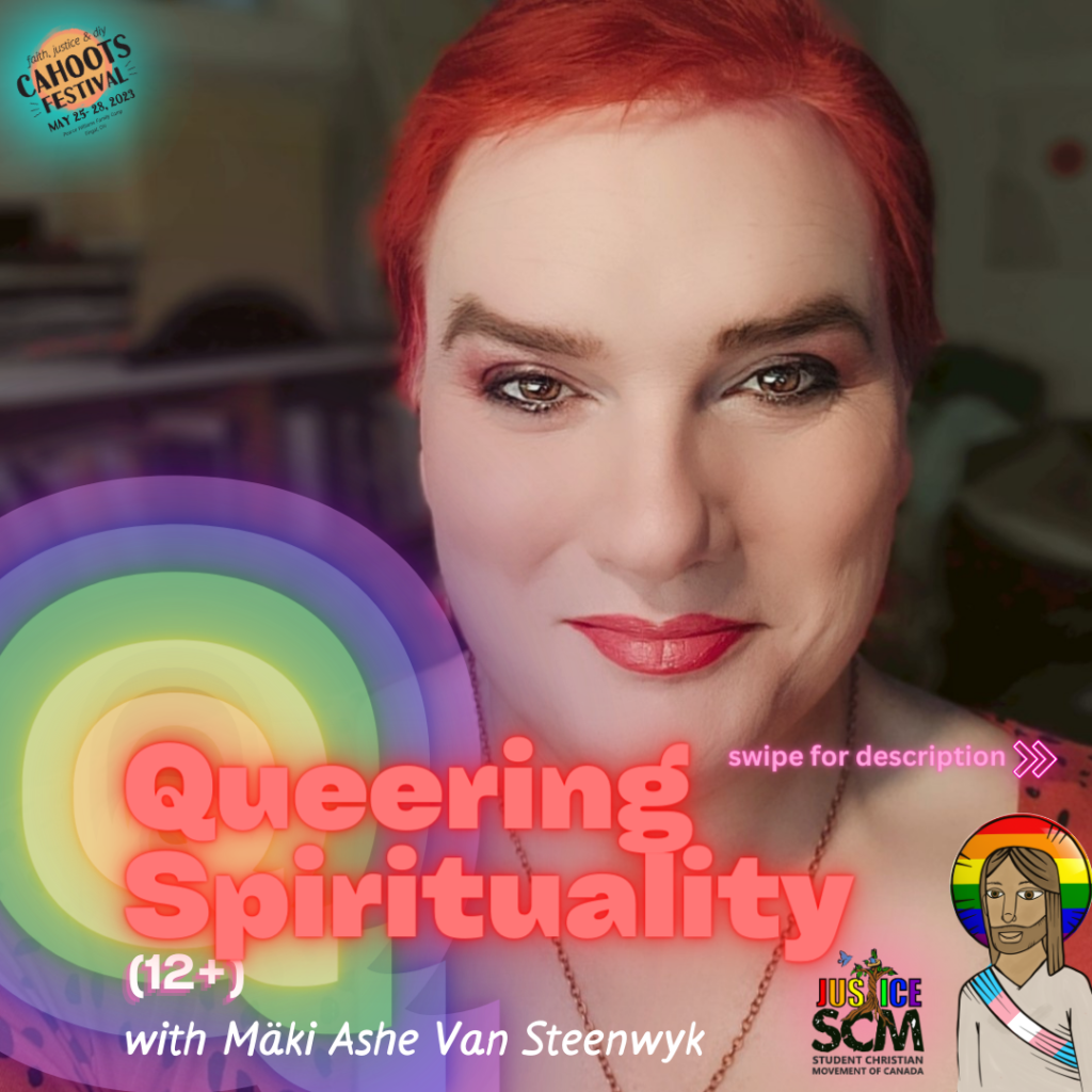 the title of the workshop - queering spirituality - in a rainbow design with the photograph of the facilitator in the background