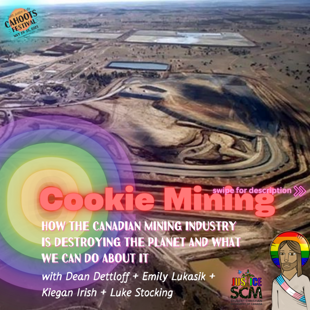 promotional image for a workshop at a radical festival called cahoots. the picture is of a mining organization and the title is made to look like a rainbow