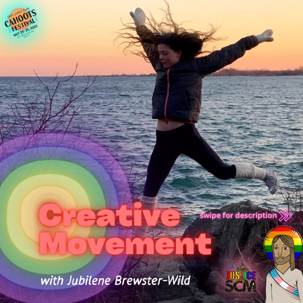 promotional image for a workshop at a radical festival called cahoots. the picture is of a female presenting girl jumping in the air and the title - creative movement - is made to look like a rainbow