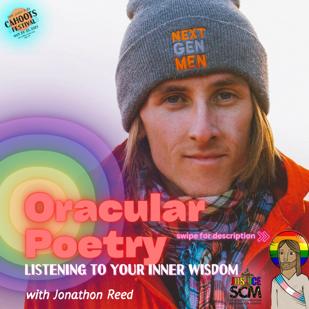 promotional image for a workshop at a radical festival called cahoots. the picture is of the facilitator, male presenting, and the title - oracular poetry - is made to look like a rainbow